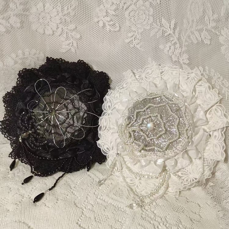 Web Black White Lolita Beaded Mini Hat / Gothic and Spider