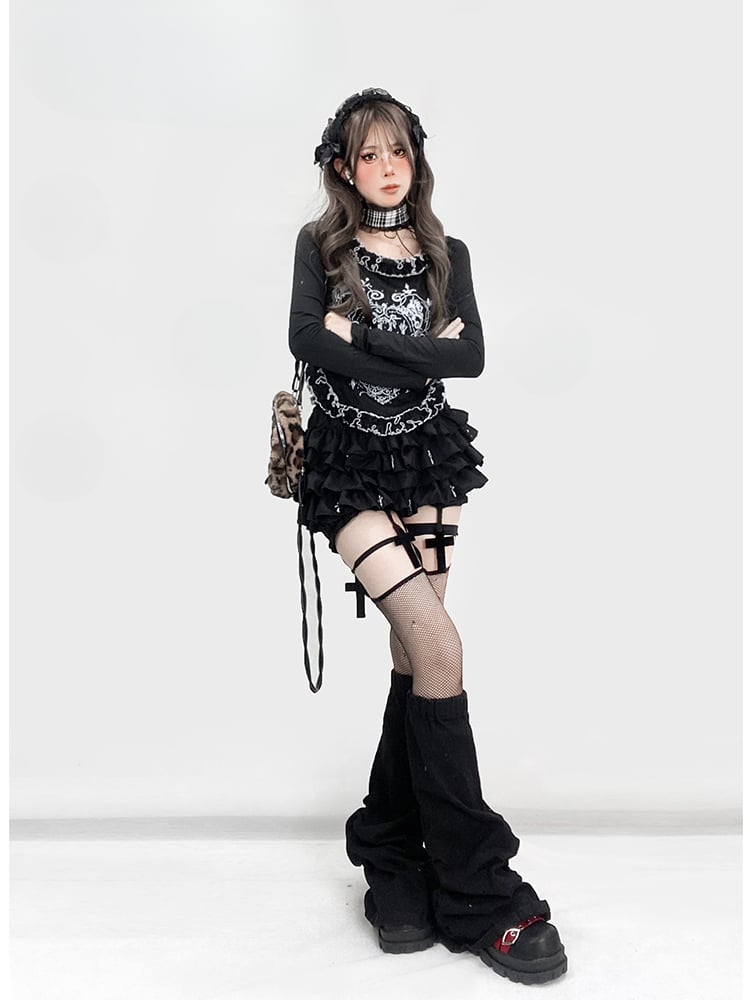 Waist Glamorous length Gothic Tiered Cross Lined Thigh Skort High Black Y2K