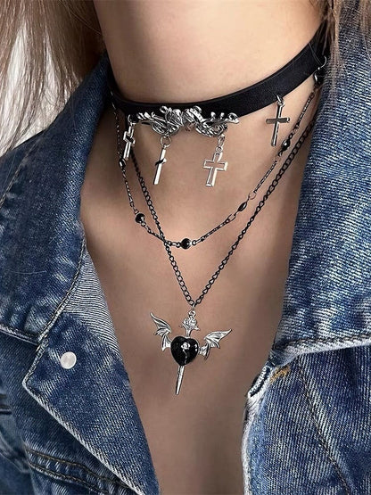 Black Layered Cross Chain Necklace - Kiwi Store