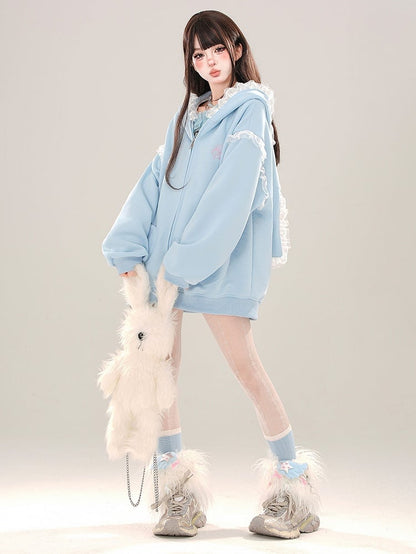 Blau/Apricot – Kapuzenjacke mit Spitzenbesatz und Hasenohren