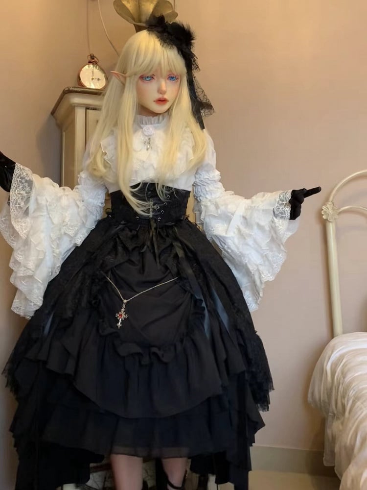 High Corset Lolita Waist Under Boned Skirt Black Gothic / Drawstring