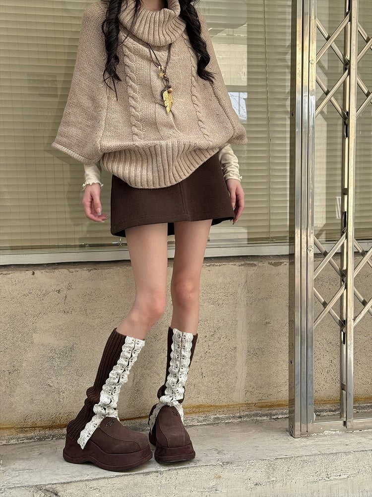 Lace-Up Knit Leg Warmers Ruffled