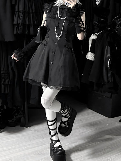 Darkly Lace-Up Ballet Short Versionwith SleevesWaist-Defining Flutter Dress:Black Innocent