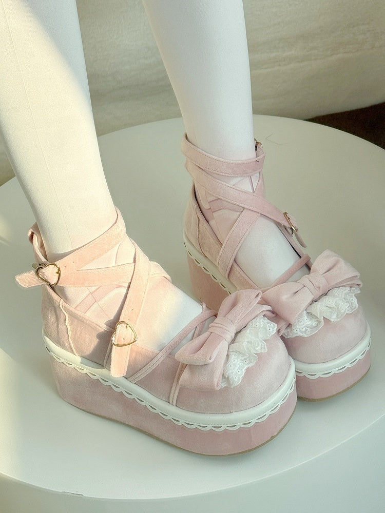 - Velvet Lolita Platforms Bow Pink Delicate Sweet Lace-Edged in