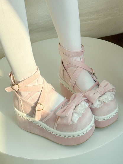 - Velvet Lolita Platforms Bow Pink Delicate Sweet Lace-Edged in