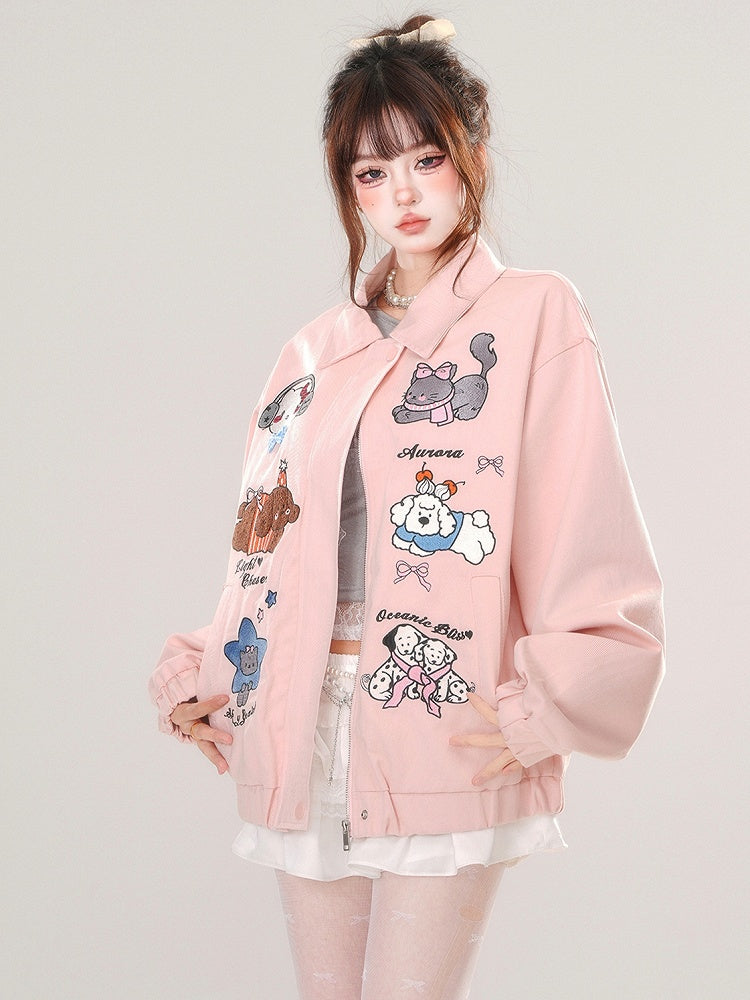 Pink/Apricot Cute Animal Zip Placket Baseball Jacket