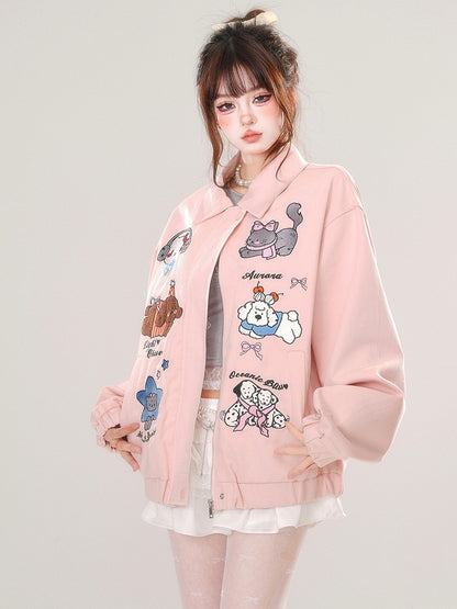 Pink/Apricot Cute Animal Zip Placket Baseball Jacket