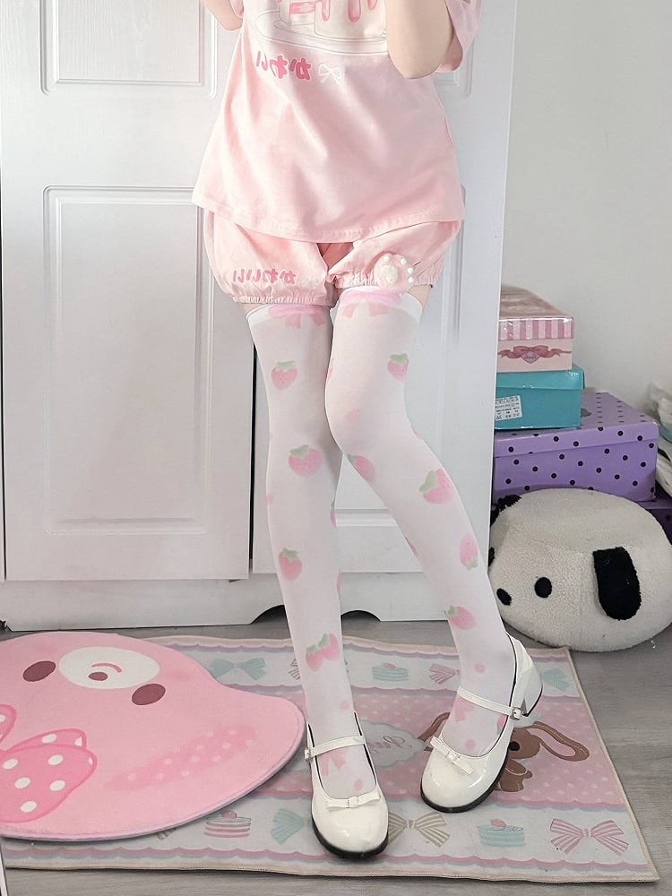 Socks 2 Strawberry Options with Print Over-the-Knee Pink