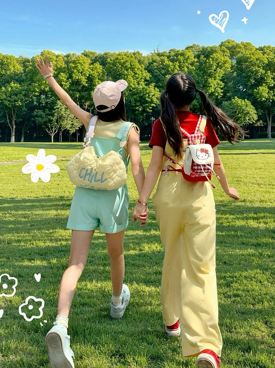 Shorts Overall Mint Green Cartoon Puppy Embroidery Straight-leg Cut