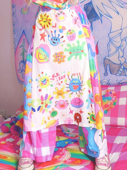 Colorful Y2K Cartoon Print A Line Elastic Waist Skirt - Leerroo