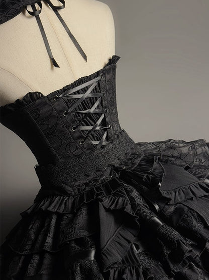 ビッグスリーブレスホルターネックブラックイリュージョンネックボウトップ