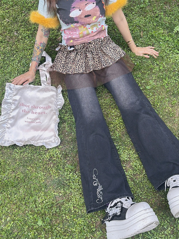 Y2K Accessoire Leopard Glamouröses Braun/Grau Muster Hosenbesatz Spitze