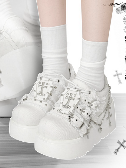 Chunky Heels Punk 7cm Sneakers Platform Cross Gothic White Chain with