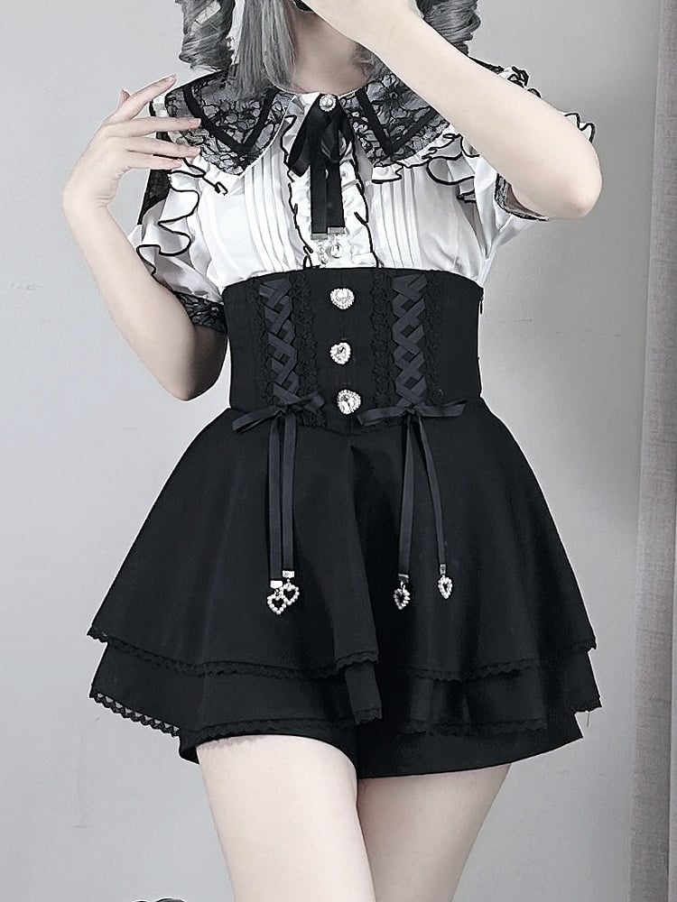 Jirai Kei Double Bow Collar White Blouse with Black Details Lace Shoulder Cutout