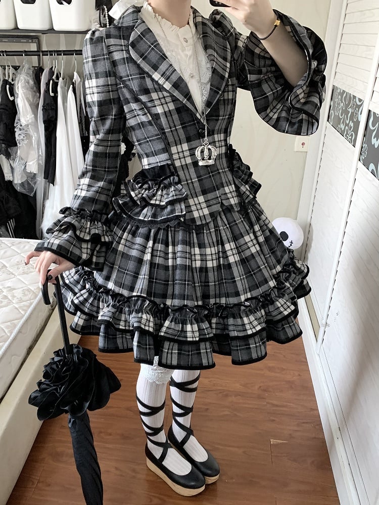 Notched + Old Lolita White Skirt Lapel Plaid - Set Black School Ruffled Blazer