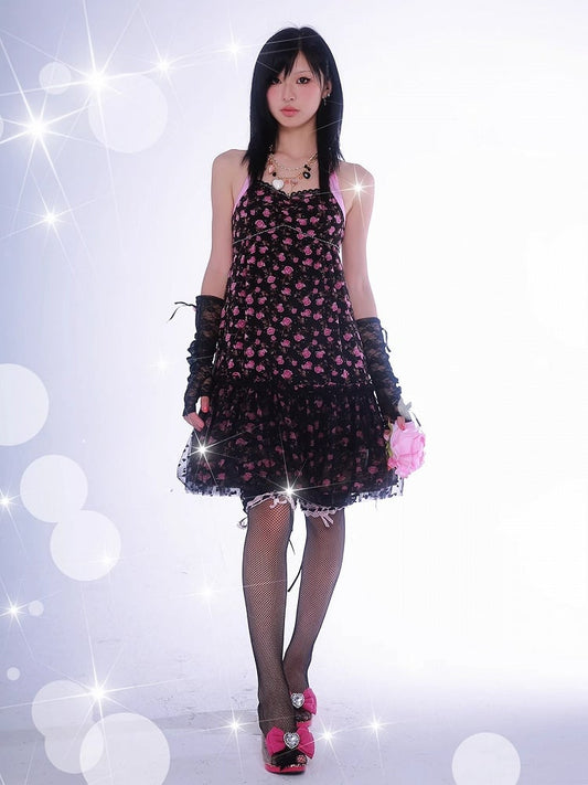 Gyaru – Schwarzes Neckholder-Kleid mit Blumenmuster