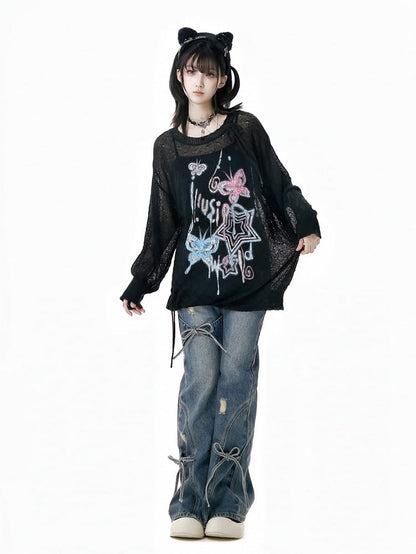 Jeans mit Schleifenakzenten, Schlaghose, Blau, verblasste Waschung, Distressed-Löcher, leicht