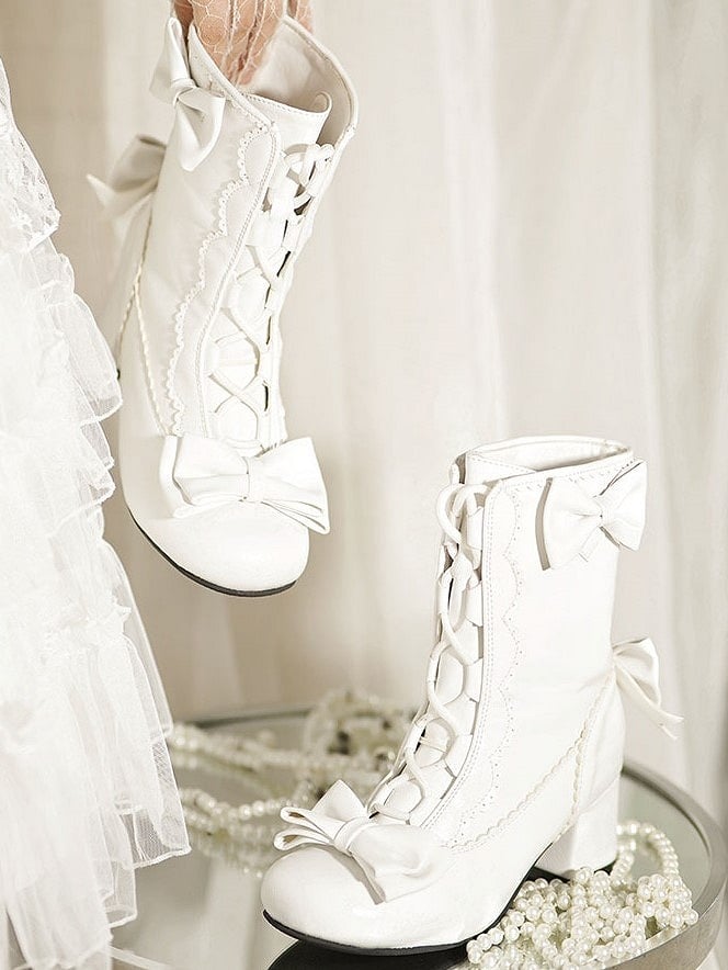 White Sweet Bow with Boots Lacing Adjustable Accents Mid-calf Lolita