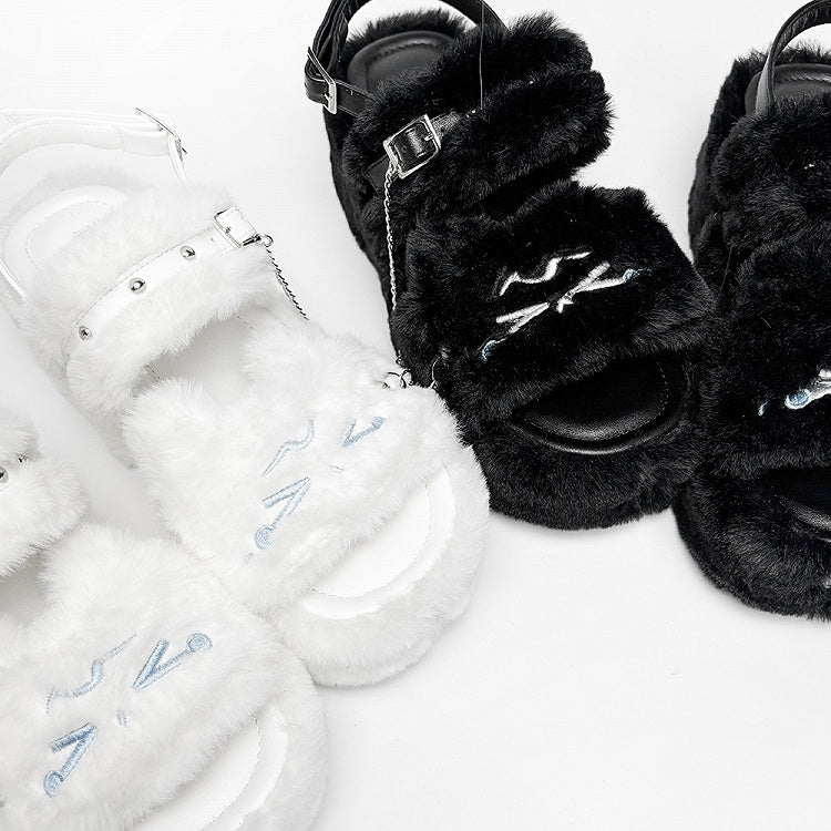 Embroidered Cross House in Details White Platform Style Kawaii Studs With Crying Plush Kitty Shoes Design