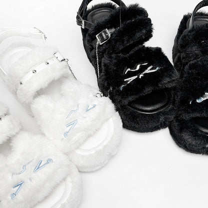 Embroidered Cross House in Details White Platform Style Kawaii Studs With Crying Plush Kitty Shoes Design