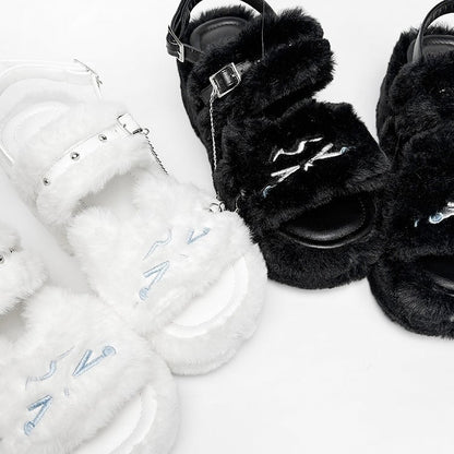 Cross Cat Crying Embroidery Platform Otaku Slippers with Chain Black Detachable Plush -