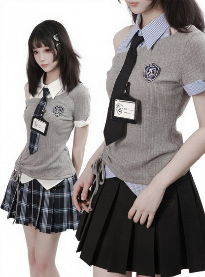 Black & Blue Plaid Box Pleat Skirt with Buckle Strap Detail - PINK SAVIOR