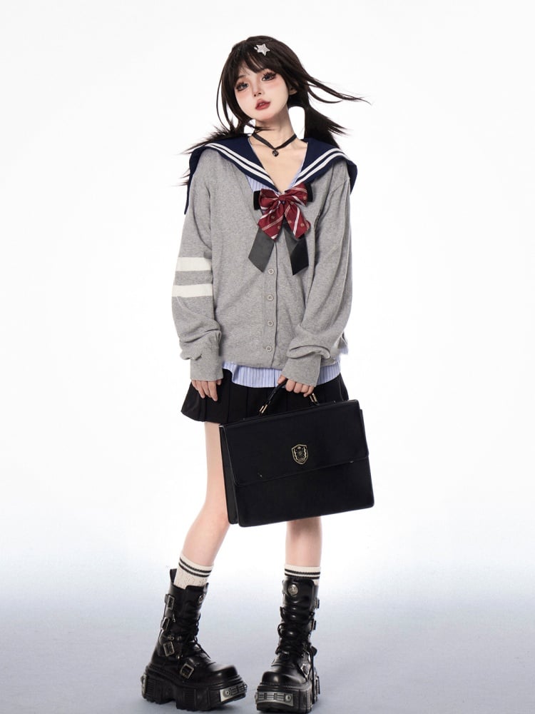 Strickjacke für JK Uniform Preppy Schwarz/Grau V-Ausschnitt Herbststil