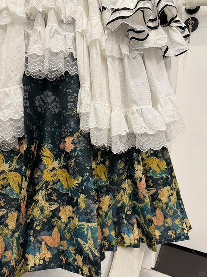 White Bell Bonnet Black Han Floral Apron Horse-face Sleeves Print Top Lolita + Skirt Set