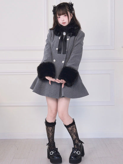 Rhinestone Bow Jirai Coat Double-Breasted Collar Waist-Cinched Kei Gray Cuffs Fuzzy with and