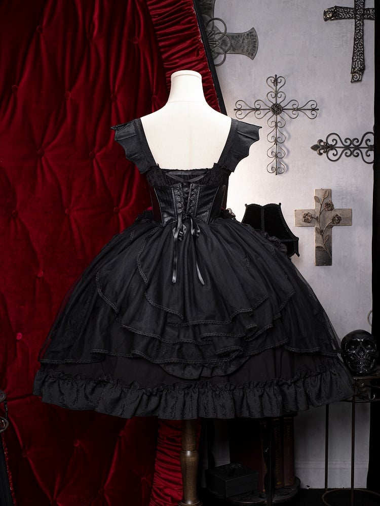 with Black Gothic Lolita Straps Dress Jacquard Shoulder Bat-wing Curved