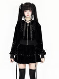 Kei Velvet Black Lace-Up Jirai Stud-Decorated Hoodie Dark