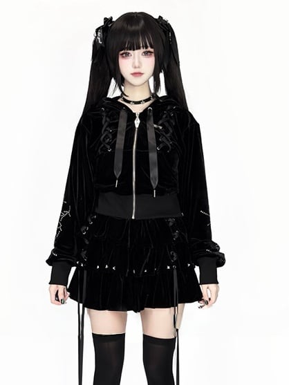 Kei Velvet Black Lace-Up Jirai Stud-Decorated Hoodie Dark