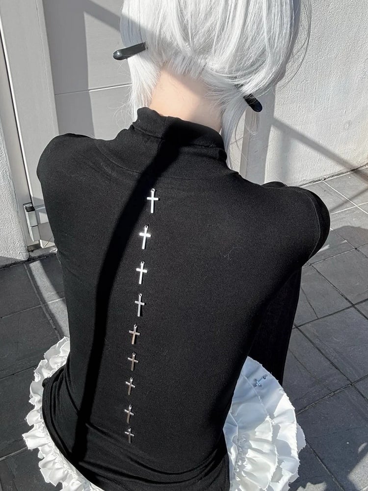 Gothic Black Coffin Cutout Cross Detail Modal High Neck Top Asymmetrical Hem