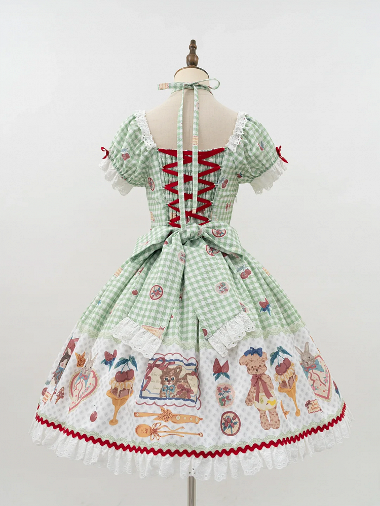 Gingham Black Sleeves Kitty and Print Sweet Lolita Dress Short Bunny