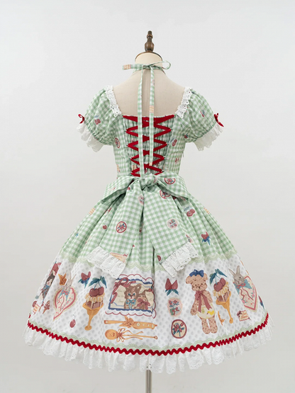 Gingham Black Sleeves Kitty and Print Sweet Lolita Dress Short Bunny