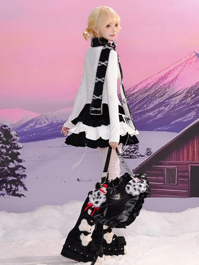 White Bow Lace-Up Print High Neck Long-Sleeve Top