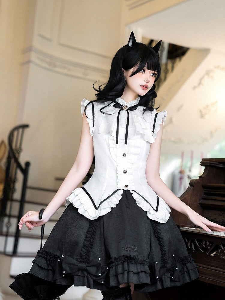 Sleeveless Elegant Lolita Top with Ruffle Detail & Bow Accents in Black & White - Xiong Dou Jiang