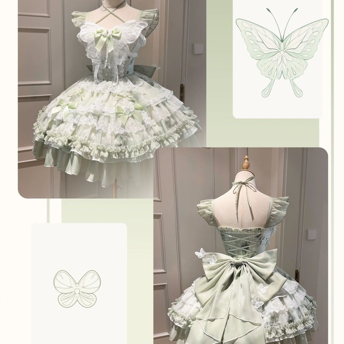 Lolita White Green Butterfly JSK Short Dress – Fairy Princess Birthday Gown
