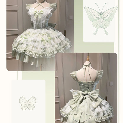 Lolita White Green Butterfly JSK Short Dress – Fairy Princess Birthday Gown