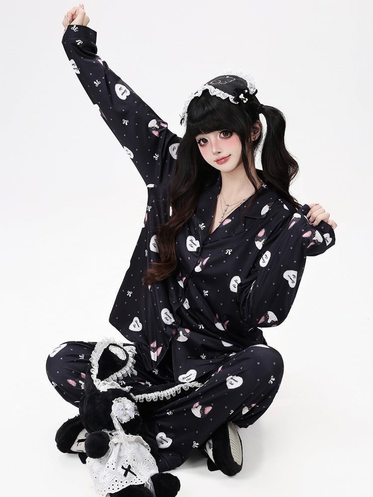 Black Cute Otaku Kitten Print Long Lounge Wear Two-Piece Set - Long-Sleeve Top + Pants - CRAZY GIRL