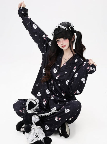 Black Cute Otaku Kitten Print Long Lounge Wear Two-Piece Set - Long-Sleeve Top + Pants - CRAZY GIRL