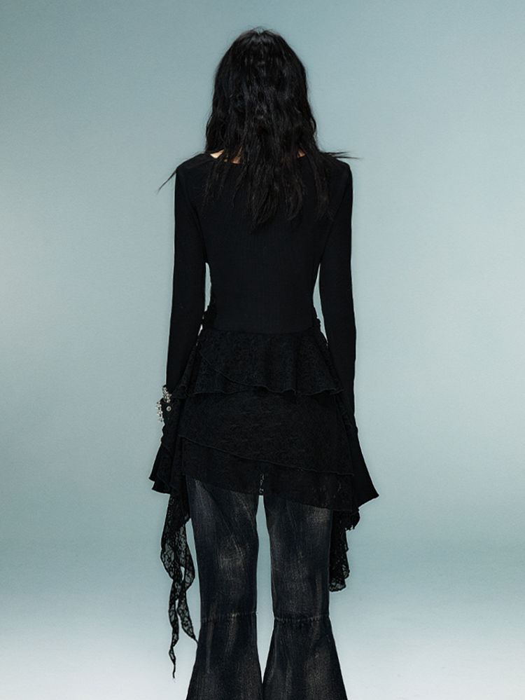 Knit Dress with Lace Accents Sleeve Hem Black Gothic Punk Bell Handkerchief