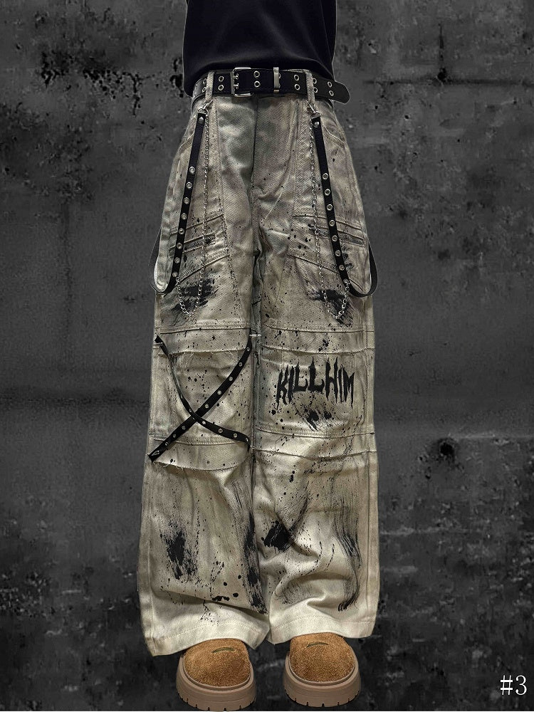 Jeans with Wasteland Strap Cargo Yellow Punk Design Tie Crossed Straight-Leg Dye