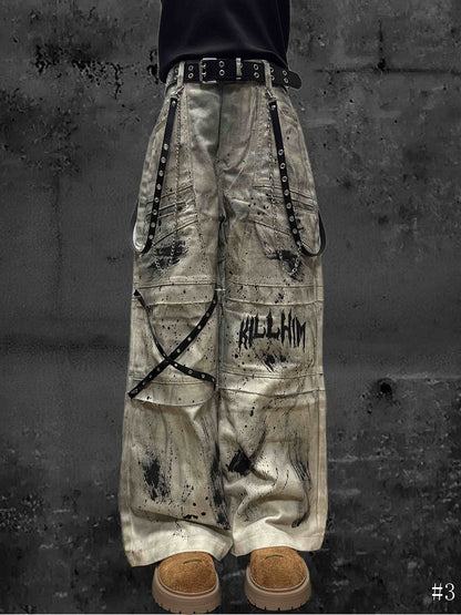 Jeans with Wasteland Strap Cargo Yellow Punk Design Tie Crossed Straight-Leg Dye