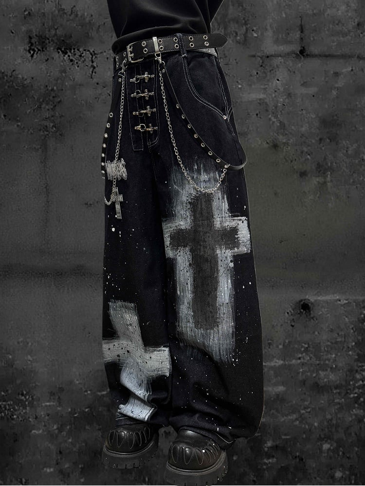 Wasteland Paint and Cross Dark with Wide-Leg Blue Y2K Splatter Jeans Punk Design