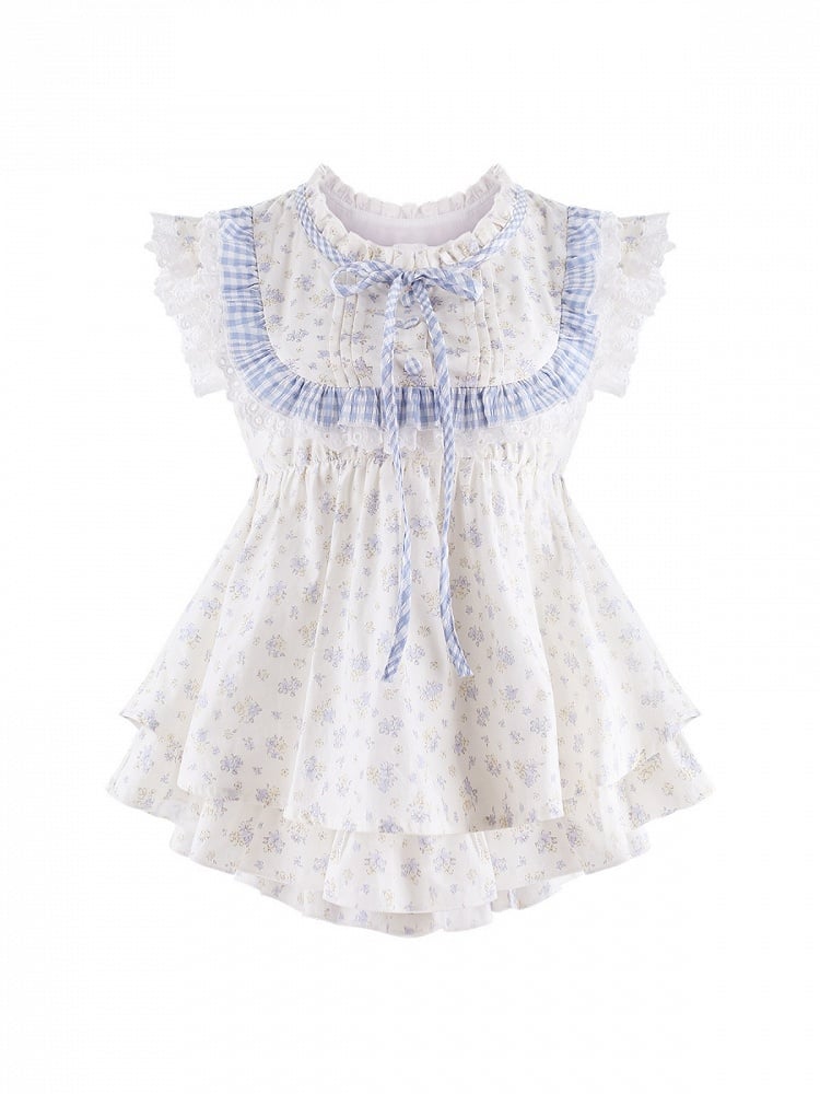 Blue and White Floral Print Top with Ruffle and Lace Details - serendipity