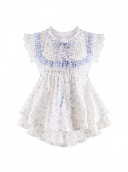 Blue and White Floral Print Top with Ruffle and Lace Details - serendipity