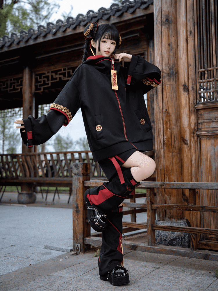 Red & Black Leg Warmers with Embroidered Talisman and Copper Coin