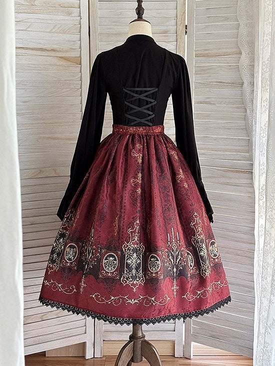 Lolita Print Gothic Candelabras Lace with Trim Red Wings Skirt Bat
