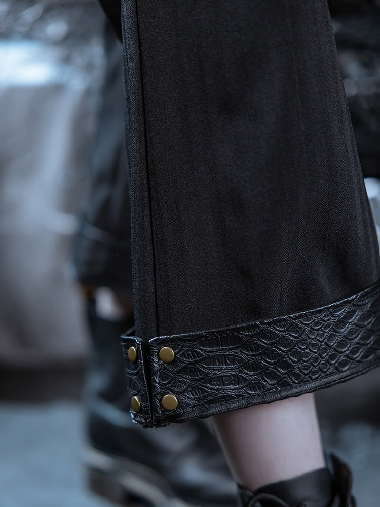 スケールPUスチームパンク柄カフス付きブラックパンツ